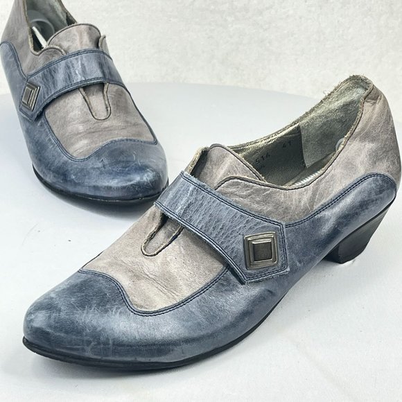 FIOJI Womens 41 (US 10.5-11) Blue Gray Leather Loafer Heels Booties Low Heel - Picture 1 of 10